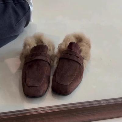 Retro Square Head Thick Heel Fluffy Shoes for Women To Wear Outside Autumn and Winter, One Pedal, Velvet Warm Bag Head and Half Slippers