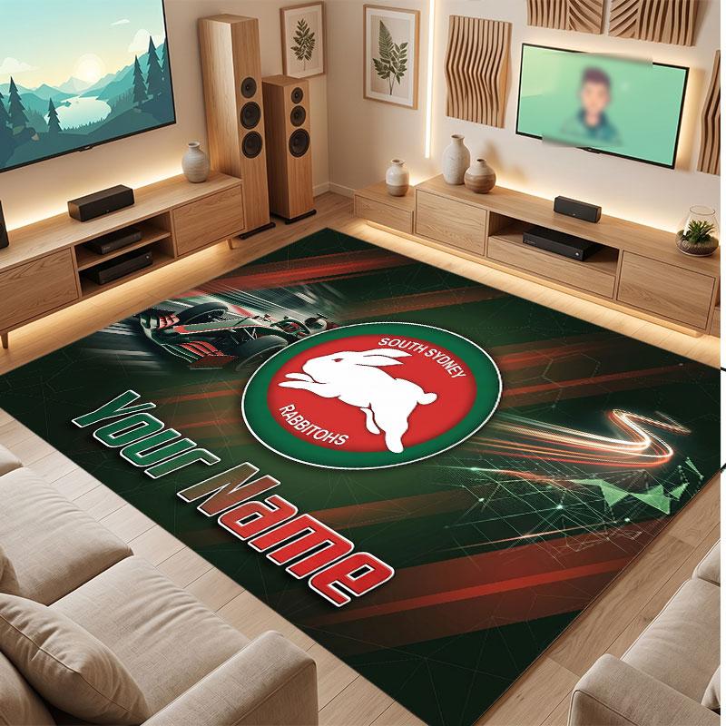 South Sydney Rabbitohs Personalized Crystal Velvet Carpet, Customized Name Text Soft Anti‑Slip Rug for Living Room Bedroom