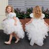 Rochie elegantă pentru copii cu mâneci bufante, broderii, o trenă și o fustă de prințesă pe straturi – perfectă pentru petreceri de ziua de naștere și ca rochie de domnișoară de onoare