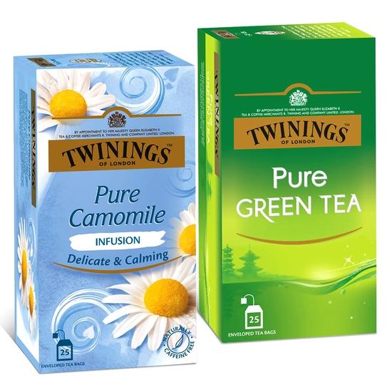 Twinings Pure Green & Camomile Tea Combo, Green & Herbal Infusion, Caffeine-Free, Sugar-Free, 25 Teabags Each