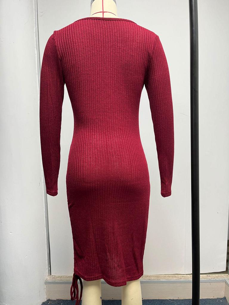 V-neck Knitted Sweater Dress - Long Sleeve, Slim Fit, Ruched Drawstring, Ribbed Design for Autumn/Winter