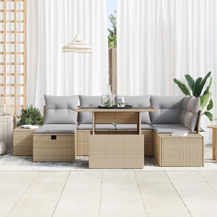 VidaXL Ensemble de canapé de jardin 7 pièces avec coussins beige en poly rotin 3359877