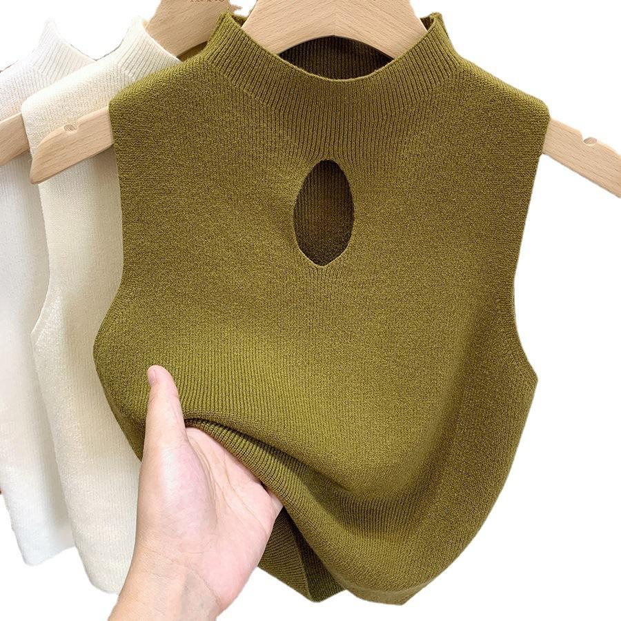 Half Turtle Neck Knitted Suspender Vest for Women with Inner Bottoming Shirt for Summer New Style Sweater Short Top