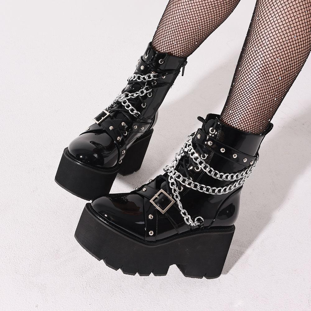 Gothic Y2K Women'S Ankle Boots Platform Chunky High Heels Rivet Metal Chain Decor Thick Sole Motorcycle Short Boots For Women Fa