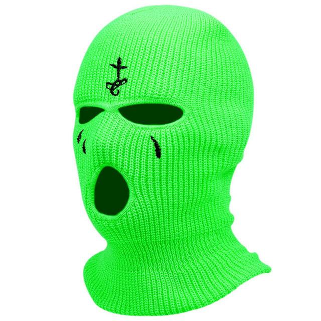 Cross Embroidery Ski Mask Winter Balaclava Hat 3-Hole Knitted Full Face Cover Neck Gaiter Warm Beanie For Outdoor Sport