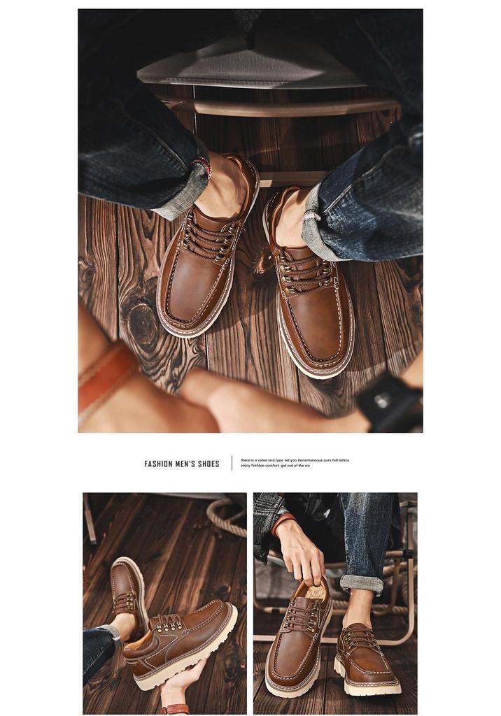 Men's 2023 Genuine Leather Casual Shoes - Trendy, Versatile, Thick Sole, Height Increasing, Anti-slip, Soft Sole, Lace-up