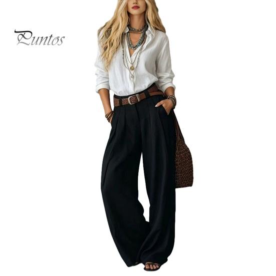 Long Sleeves Shirt Trousers Women Casual Two Piece Set for Fall, V Neck Collared Solid Color Suit & Wide Leg Pants, Loose Fit Autumn Outfits