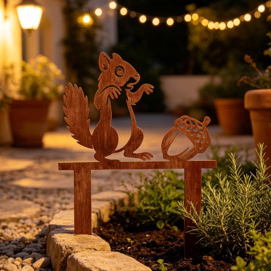 Garden Landscape Ornament Rusty Metal Squirrel with Acorn Stake, Cute Animal Silhouette Sculpture, Decor Decorative Outside Yard Art for Patio