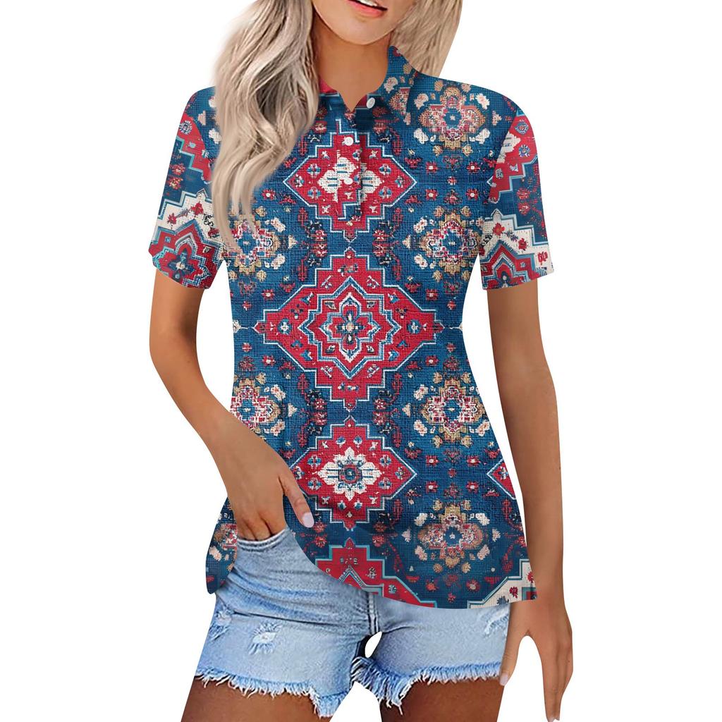 Dámská móda Neformální košile s potiskem s klopou a krátkým rukávem Dámské topy se zapínáním na knoflíky