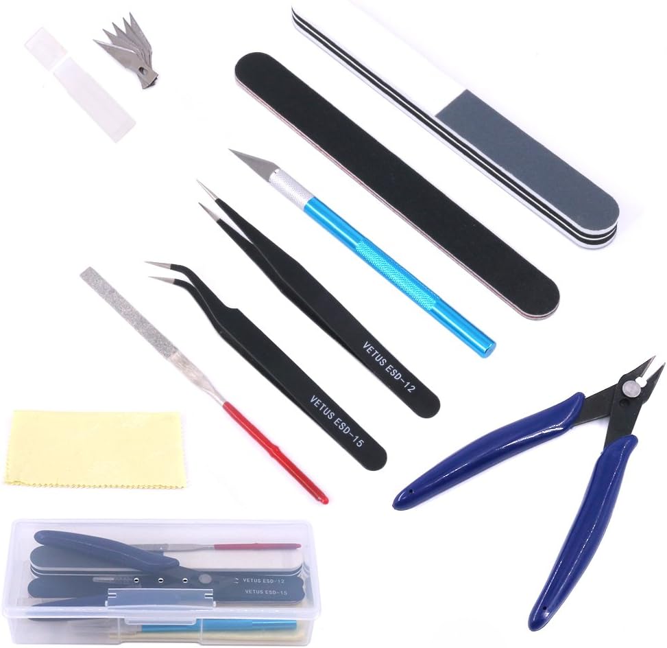 Portable Moddeler Tool Set with Storage Box Beginner Basic-Model Assembly Tweezers Pliers Sandpaper for Model Building Repairing