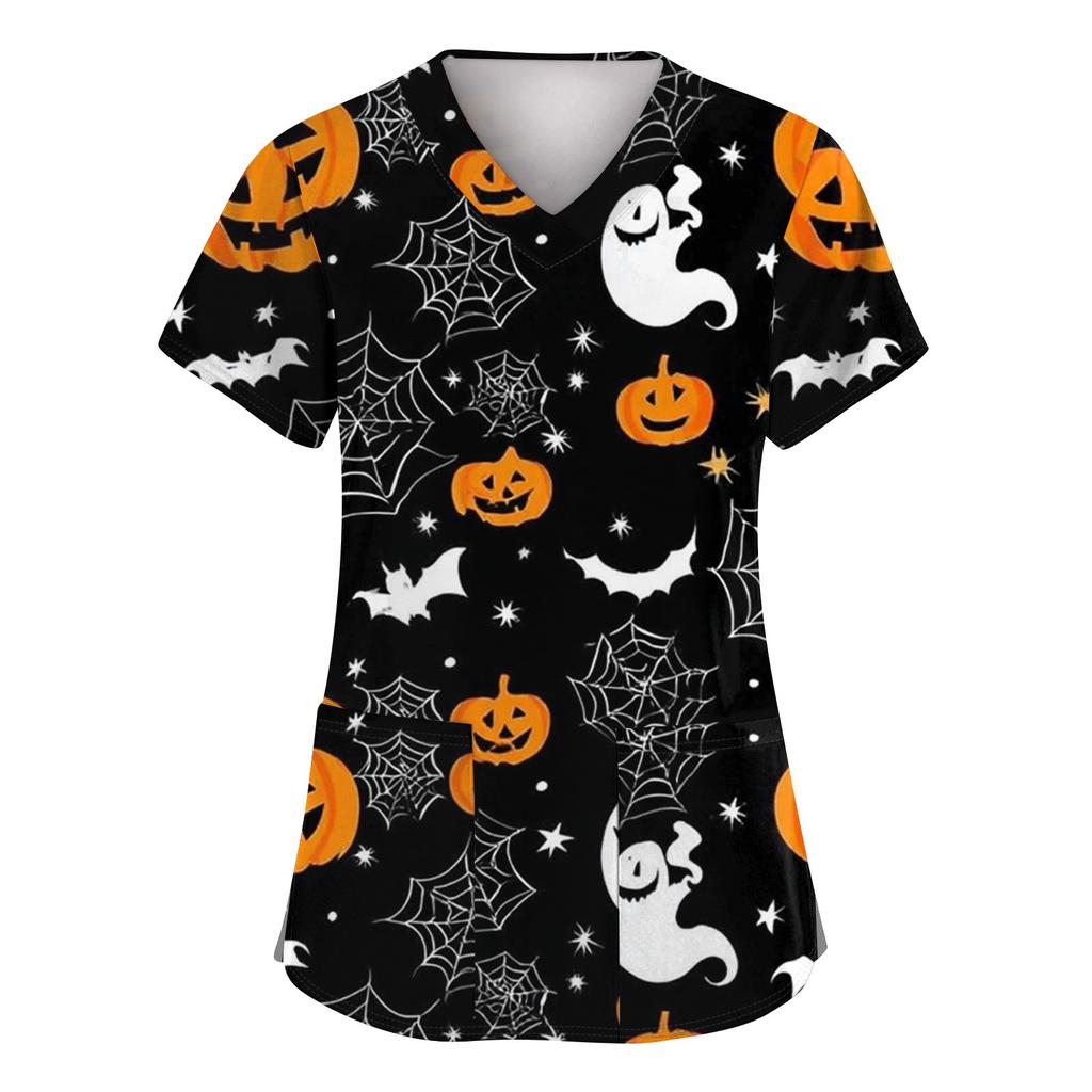 Women's Fashion Short Sleeve Halloween Printed V-Neck Pocket Workwear Tops