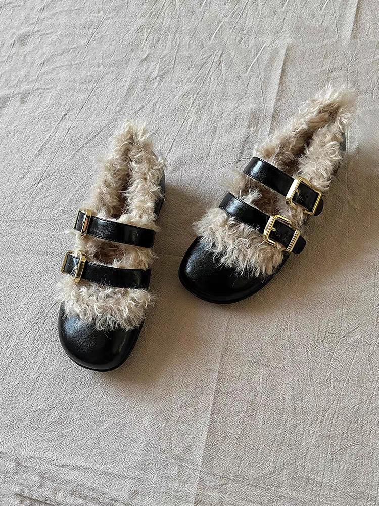 Plush warm fluffy shoes belt buckle Mary Jane shoes round head flat sole shoes one-word buckle small leather shoes