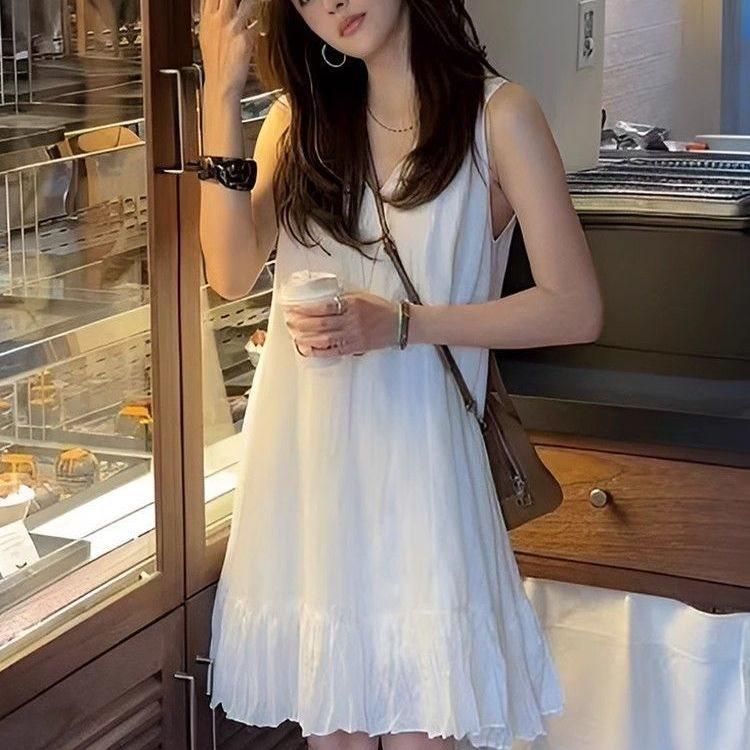 Elegant White Sleeveless Dress With Ruffle Collar For Summer Casual Wear