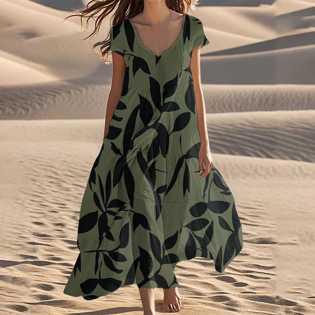 Women's Summer Fashion V-Neck Beach Long Short Sleeve Floral Printed Dresses