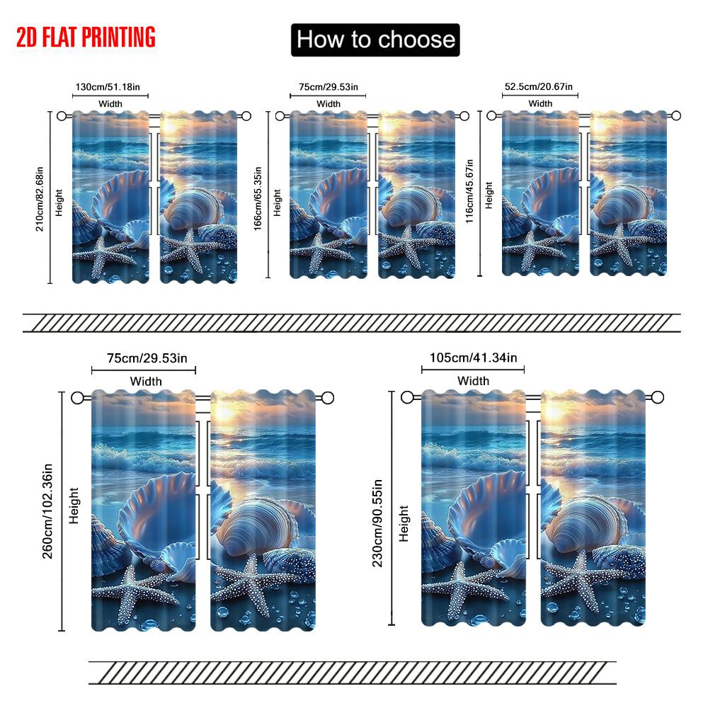 2pcs   plane printing Popular Curtain Panels Seashell and Pearl Beach Scene Polyester Fabric (without rod) All Seasons for