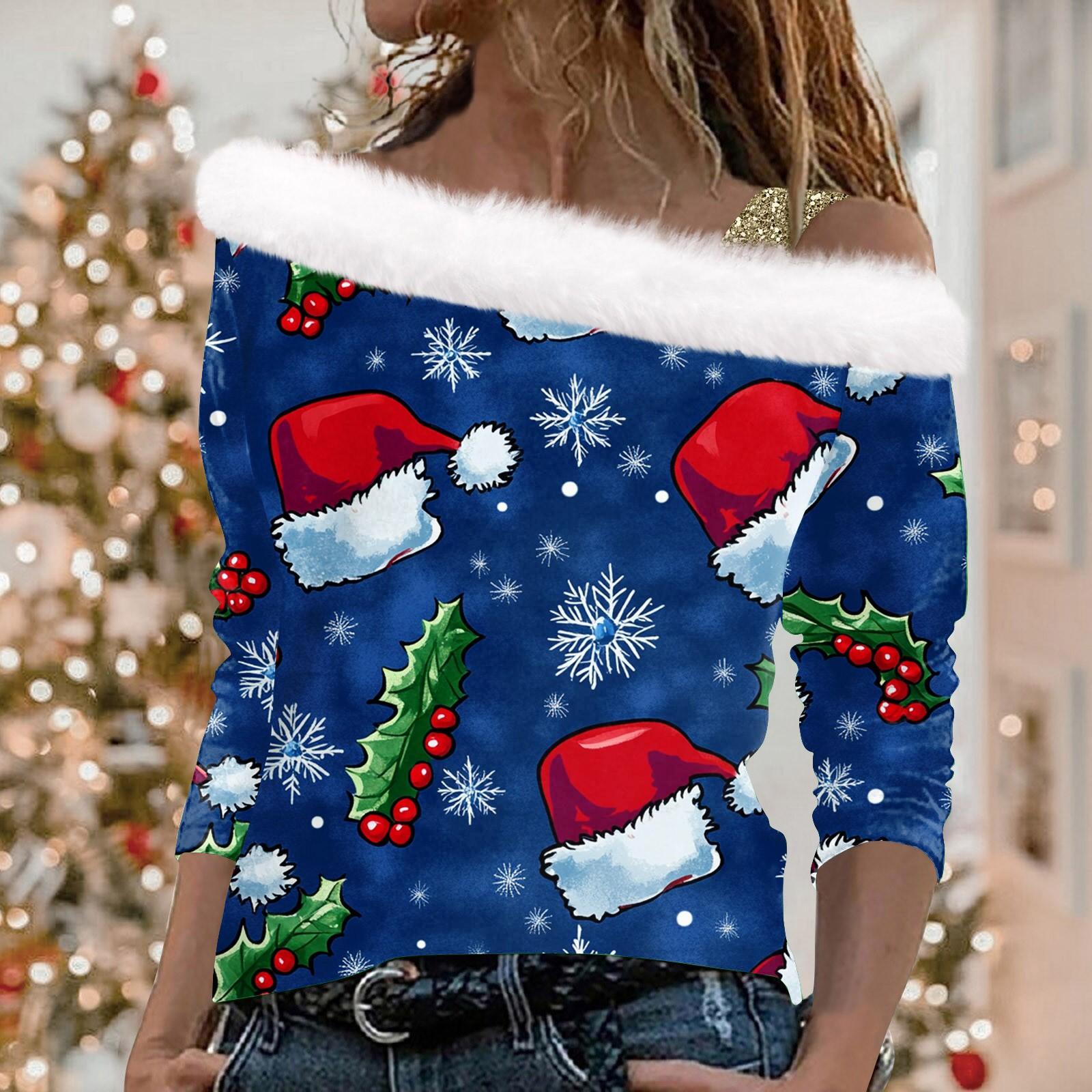 Женский повседневный модный топ с длинными рукавами и открытыми плечами с рождественским — фото 13