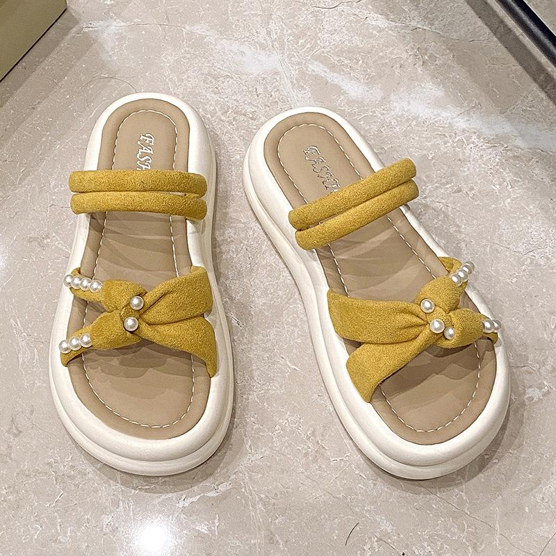 

Cross-strapped beaded thick-soled cool slippers for women to wear summer new beach sandals slippers two wear one-word slippers 40 жёлтый