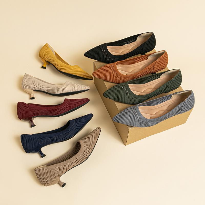 Women's Summer Kitten Heels Pumps Shoes Comfortable Knit Pointed Closed Toe Heels for Women Walking Work Office Casual Wedding Low Heels Dressy Shoes