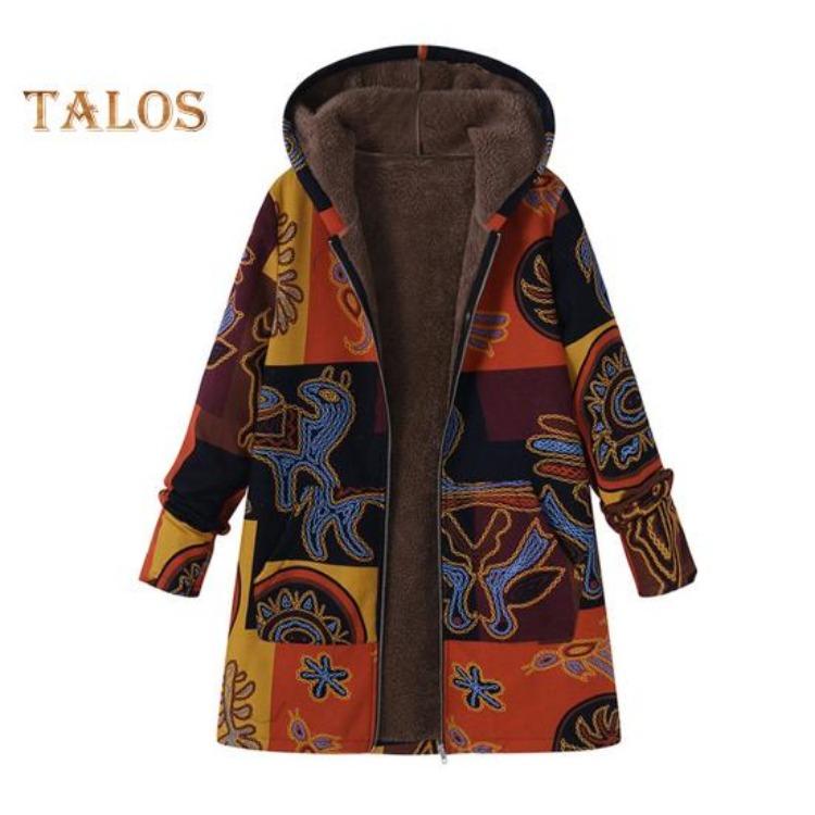 Women Winter Coat Retro Floral Print Zip Up Hooded Jacket Mid Length Plush Thick Warm Pockets Long Sleeves Daily Leisure Wear