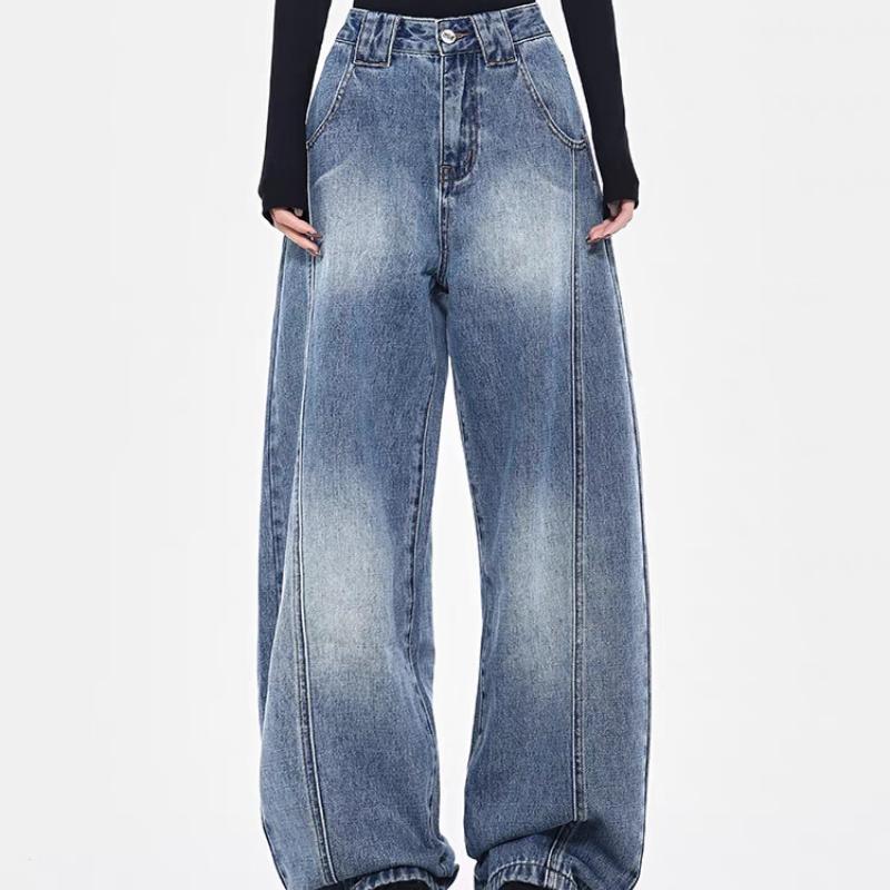 GMXIA Weitbeinige Jeans Damen Locker Hochtailliert Fallend Hundert Schleppende Hosen Taschen High Street Trend Gerade Hosen