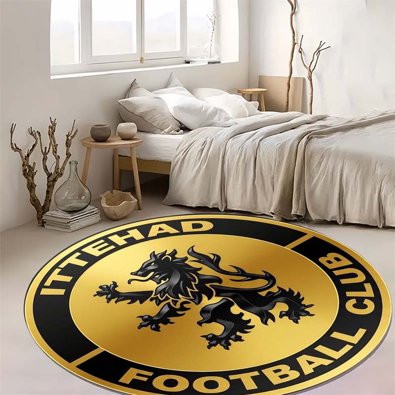 Ittehad FC Golden Background Black Lion Crest Circular Area Rug Football Club Round Floor Carpet Sports Fan Living Room Bedroom Home Decor Mat