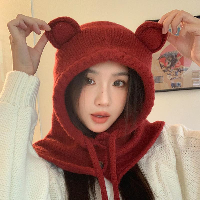 Sweet and Cute Thickened Bear Wool Hat In Winter Windproof and Warm Scarf Integrated Hat Outdoor Casual Ear Protection Hat