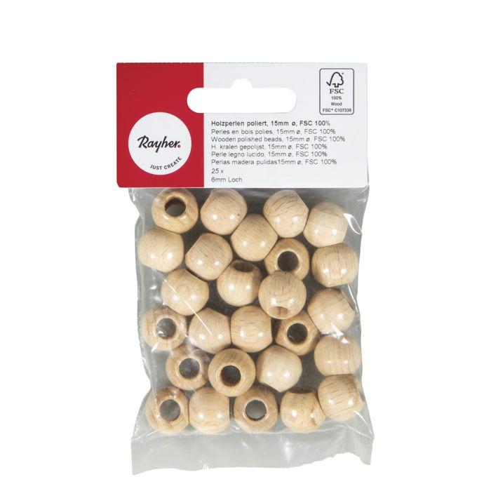 Perles en bois polies, 15mm ø, FSC 100%