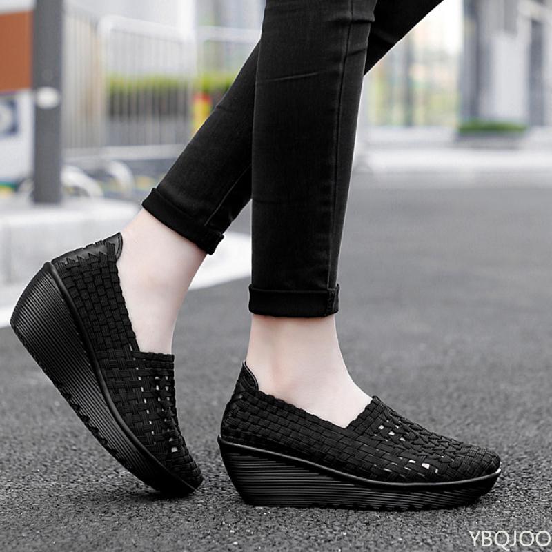 2025 Spring Women's Weaving Sports Slope Heel Shoes Women's Casual Breathable Thick Bottom Sports Walking Shoes Zapatos De Mujer