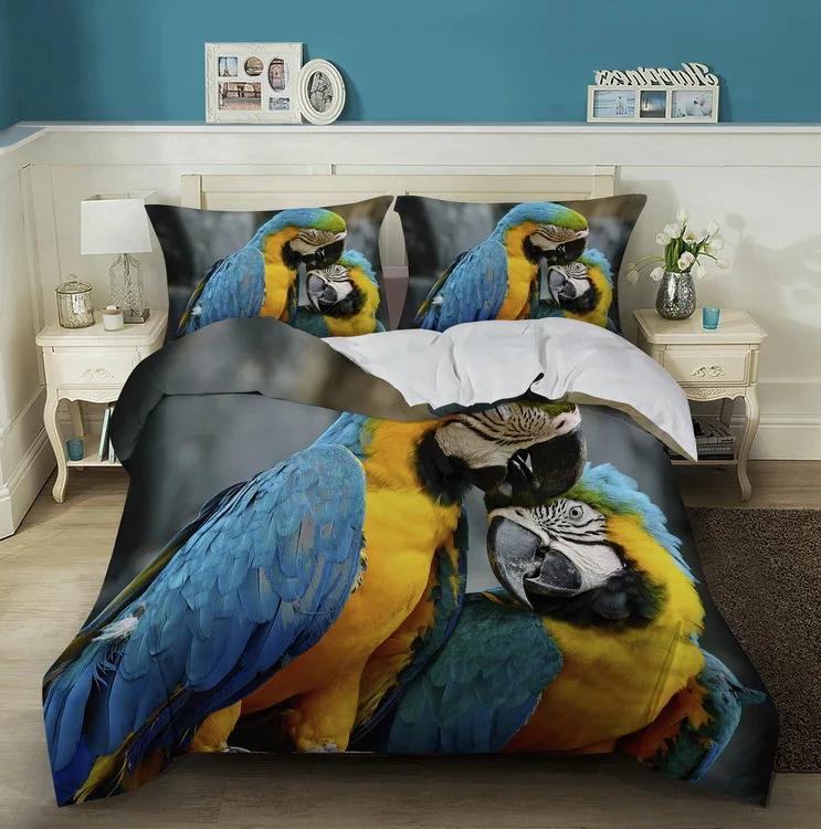 Macaw Bedding Set King/Queen Size Colourful Parrot Duvet Cover Boys Natural Tropical Green Plant Bird Polyester Quilt Cover