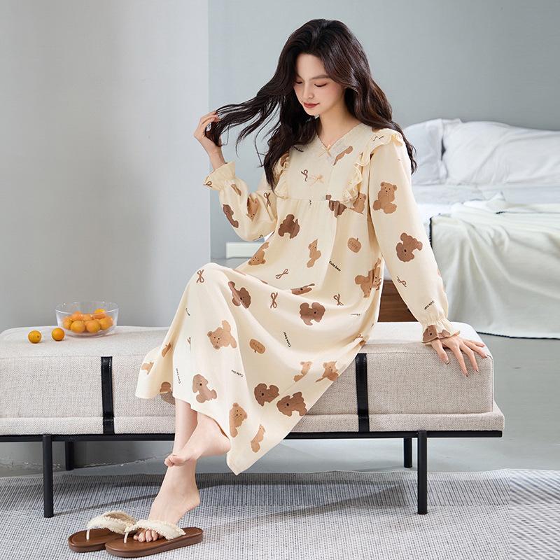 

7A Антибактериальная женская ночная рубашка с длинным рукавом из чистого хлопка - Сладкое и свободное платье для беременных на весну/осень 3XL