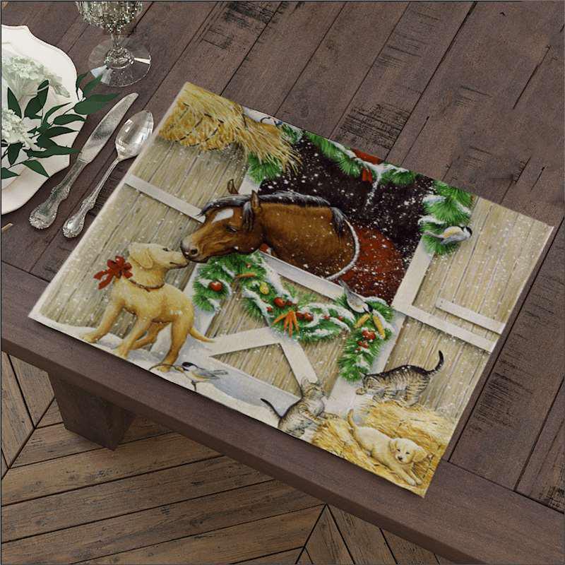 Christmas Stable Snow Double-Sided Linen Placemat - Western Dining Table Mat, Heat Insulation Pad, Kitchen Decoration. 32*42cm Single-Sided красный