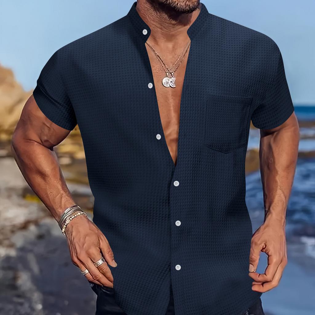 Summer Cross-border men's shirt casual Henry collar pocket short sleeve