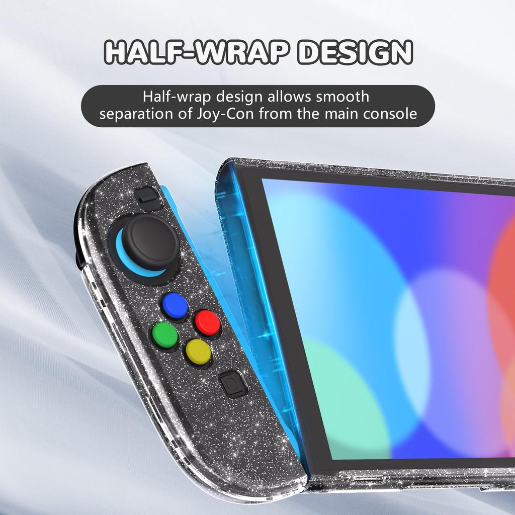 PlayVital Clear Series Clear Hard Shell Case for Switch 2 Dock Protective Cover with Folding Stand and Thumb Grips Glitter (2025), Compatible,