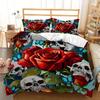 3pcs Gothic Red Roses and Skulls Bedding Duvet Cover Set Skull and Rose Bedding Set Vintage Themed Romantic Roses Bedroom Decor