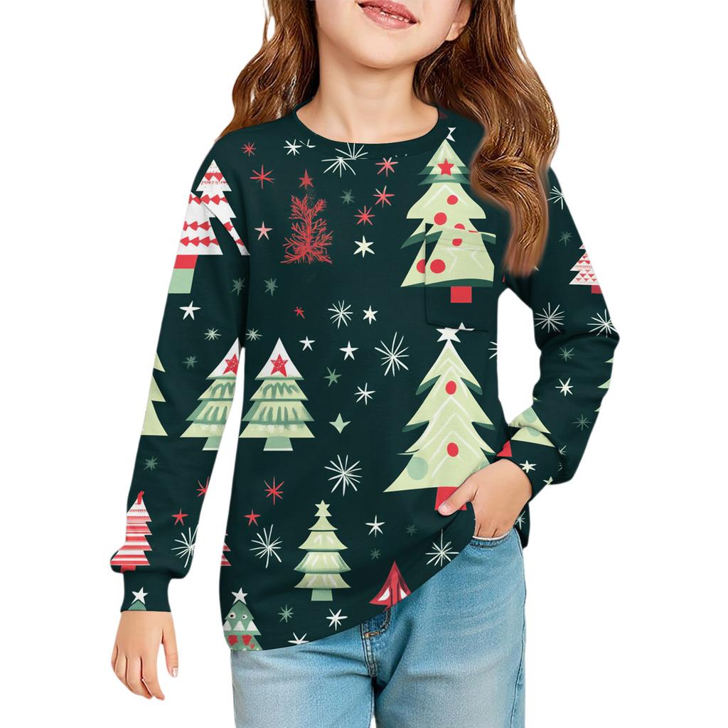 Christmas Day Girls' Long Sleeve Blouse - Round Neck Soft Waist Tunic