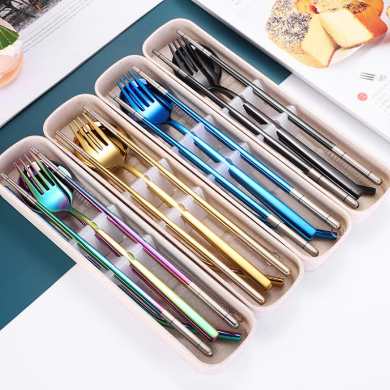 Flatware Dinnerware Travel 5pcs Camping Cutlery Set Fork Spoon Chopsticks Straw With Portable Case Stainless Steel Tableware Set