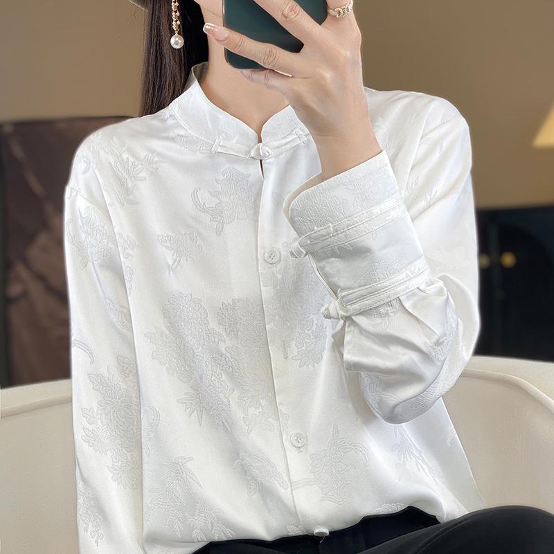 Women's Summer Stand Collar Jacquard Shirt in Solid Color Silk Satin