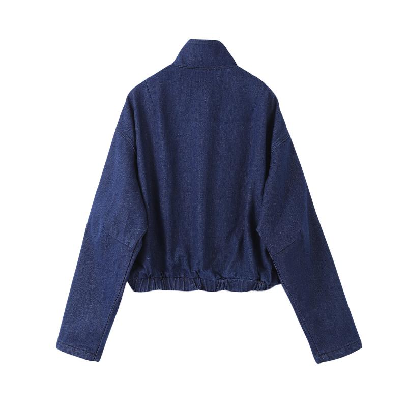 Patchwork Gestreifte Jacke Weitbeinige Hose Set Damen Stehkragen Reißverschluss Locker Jeansjacke Kordelzug Hose Zweiteiliges Set Schlichtes Lässiges Hosen-Set