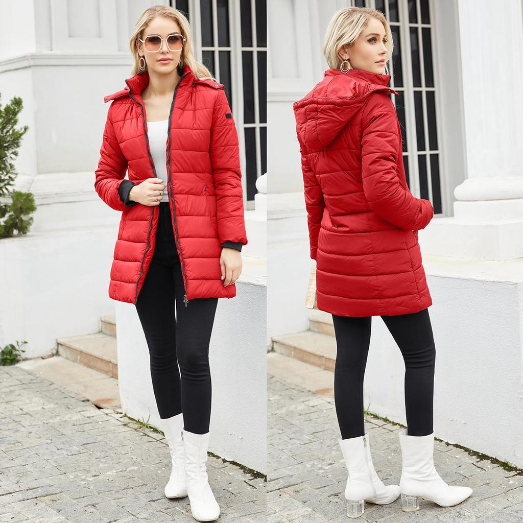Women’s Hooded Jacket Cotton Padded Light Rain Water Resistant Zipper Closure Windproof Puffer Coats Hidden Side Pockets Winter Long Outwear