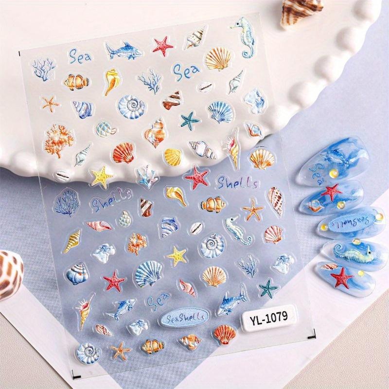 4 Sheets 3D Ocean Style Relief Nail Stickers Shell Starfish 3D Adhesive Stickers For Nails DIY Self-adhesive Nail Art Decorations
