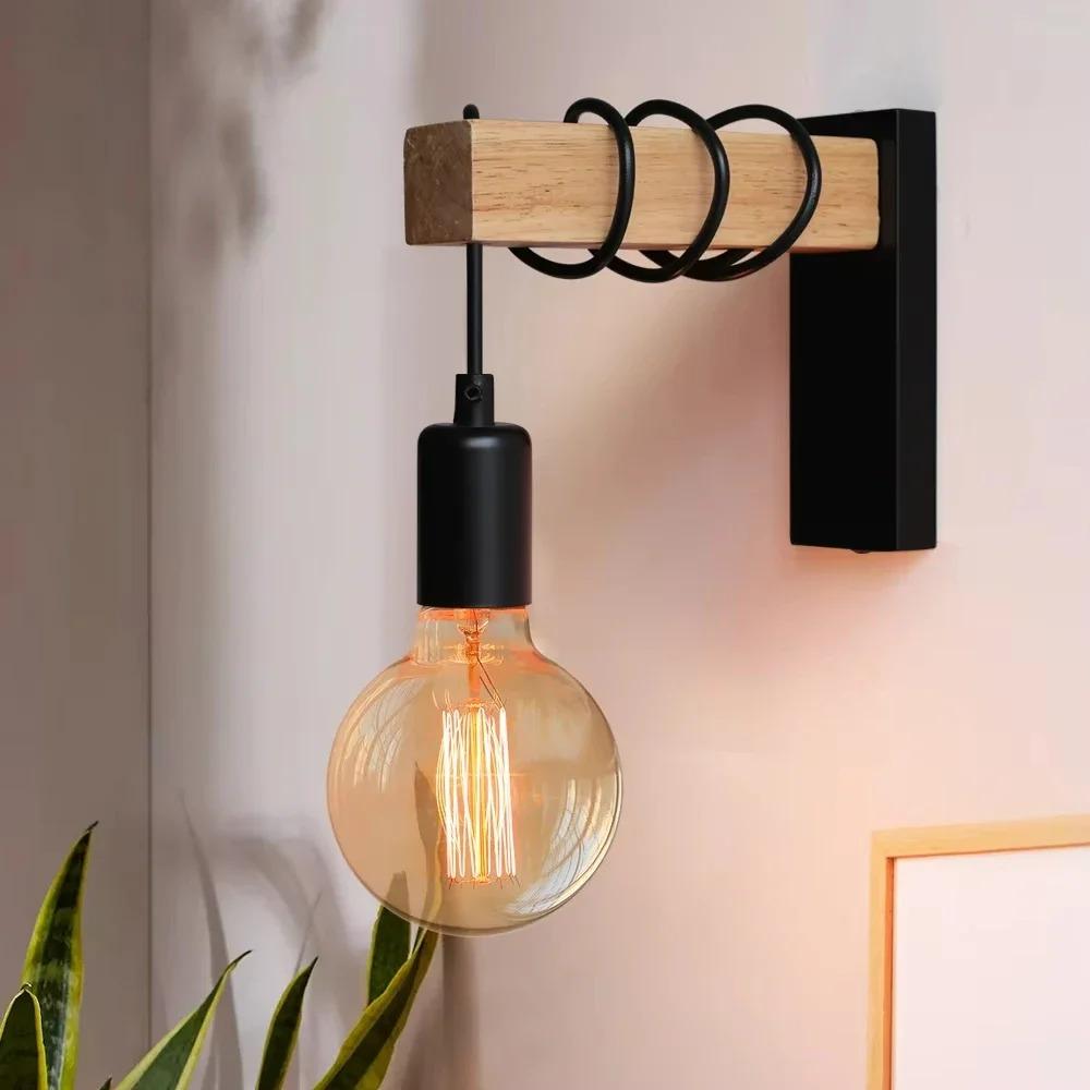 JOYINLED Retro Wood LED Wall Lamp E27 220V Industrial Pendant Light Live Room Bedside Lamp Decor for Bathroom Restaurant