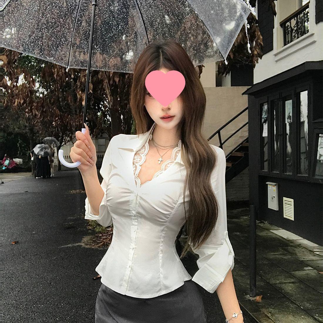 

Spicy Girl 2025 Lace Long Sleeve Waist-Cinching Slim Fit Shirt for Women - Sexy and Flattering Design Small белый