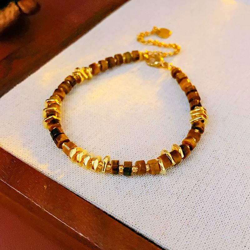 Womens Vintage Style Alloy Bracelet With Coffee Brown Tigers Eye Beads Geometric Design Minimalist Fashion Jewelry