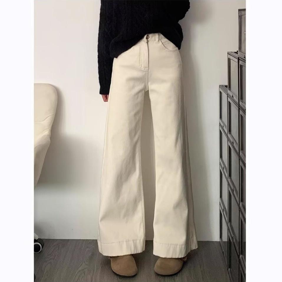Women's High Waist Wide Leg Straight Jeans Non Stretch Dark Denim Trousers Vintage Washed Warm Fleece Lined Casual Japanese Korean Style Fall Bottoms