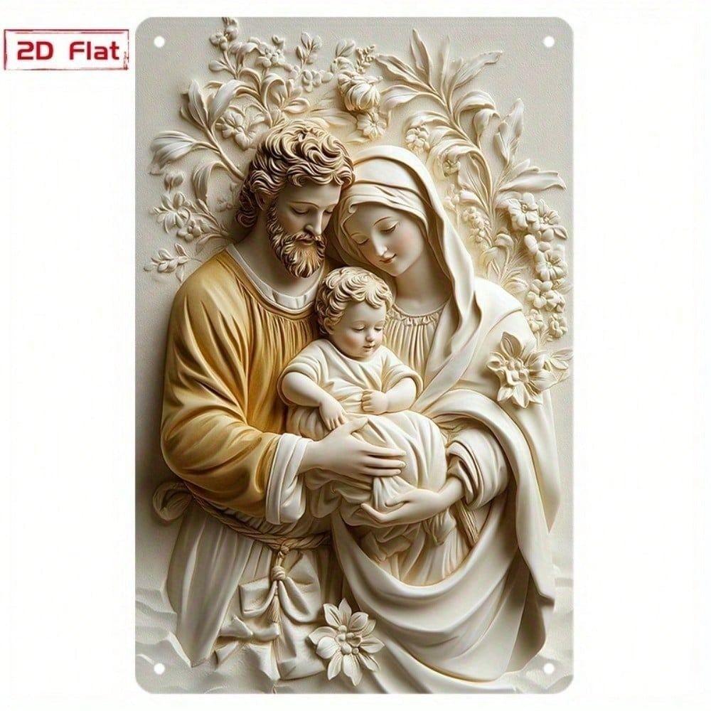 Vintage Metal Wall Art Religious Icon Poster with Flowers Home Decor