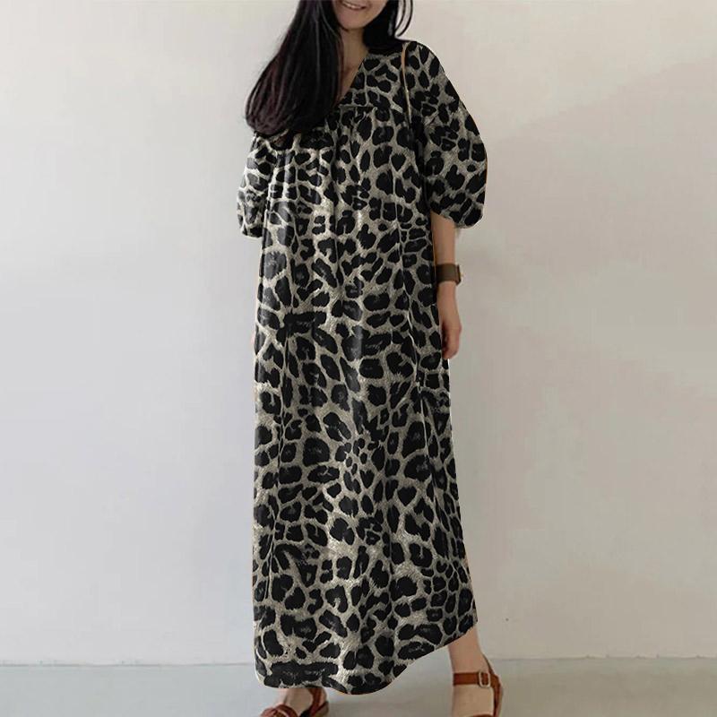 

ZANZEA Женское повседневное платье с V-образным вырезом, рукавом 3/4, леопардовым принтом, свободного кроя, длинное XL серый