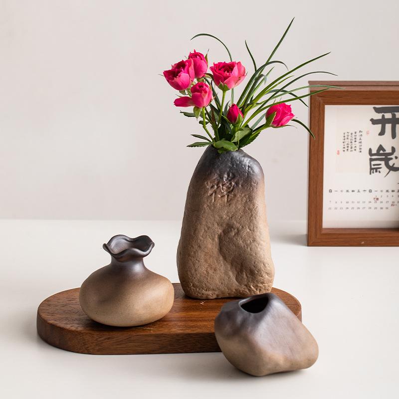 Vintage-Keramikvase in unregelmäßiger Steinform, Hydrokultur-Blumentopf für Trocken- und Frischblumen, kreative Schreibtischdekoration