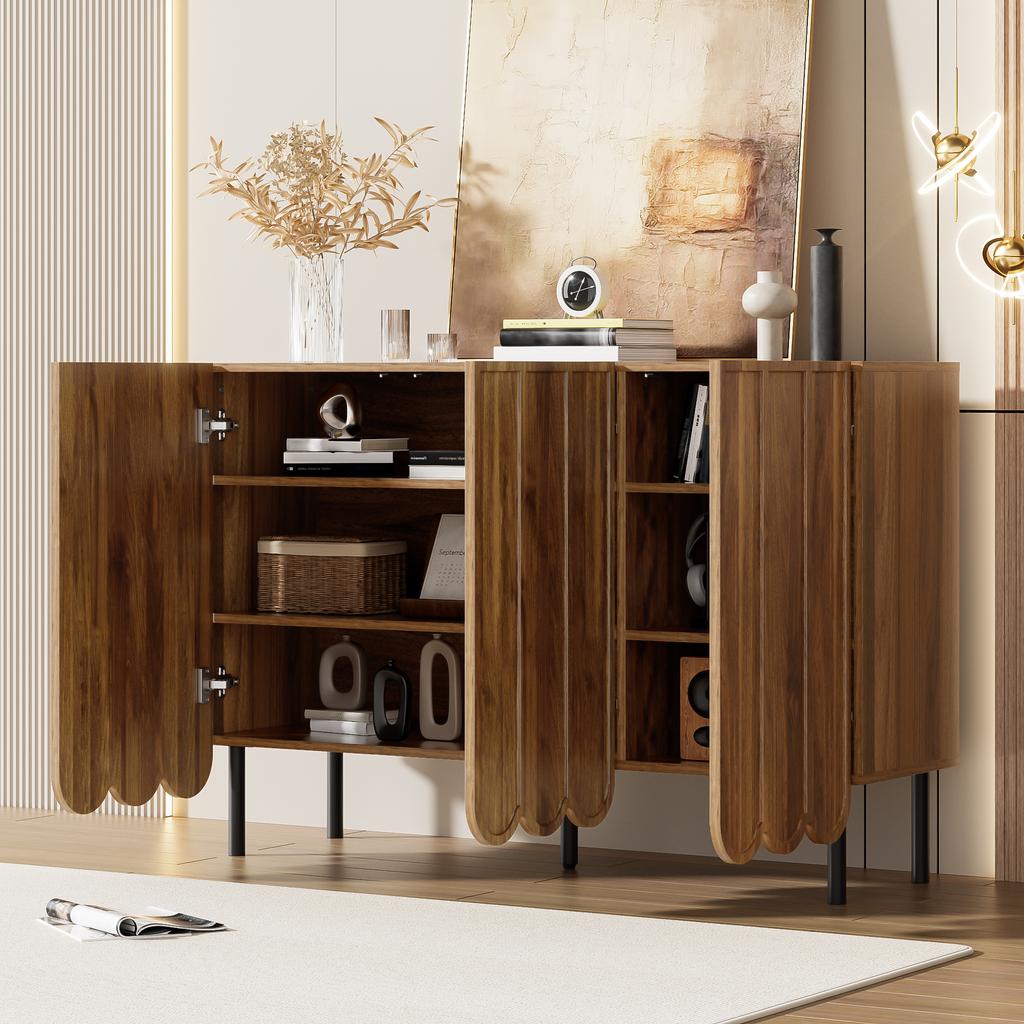 Modern wood-colored sideboard with wave doors – 120x35x80 cm – handleless, adjustable shelves – storage space for living room, hallway & dining room