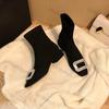 Women's Square Buckle Rhinestone Elastic Socks Boots Women Autumn Winter Suede Square Toe Thick Heel Ankle Boots Zapatos Mujer