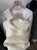 Women's Velvet Lace Base Layer Shirt - White V-neck Long Sleeve Top with Built-in Bra Pads for Autumn/Winter